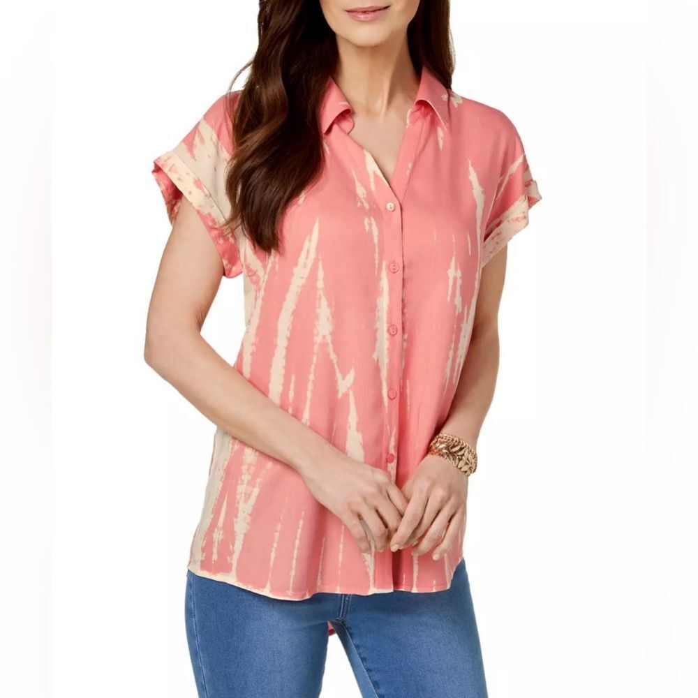 Style & Co Women's Tie-Dye-Print High-Low Shirt Resort wear Pink Size X-Large